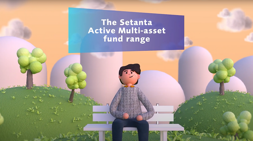Animated character sitting on bench with virtual trees, hills behind