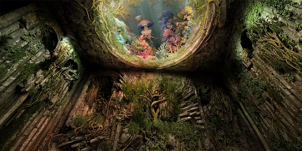 Interior of cave with beautiful graphical images of nature