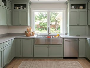 A beautifully completed kitchen remodel in Dallas, TX, featuring custom sage green shaker cabinets, a premium stainless steel apron-front farmhouse sink, modern gray countertops, and a large window overlooking a lush backyard