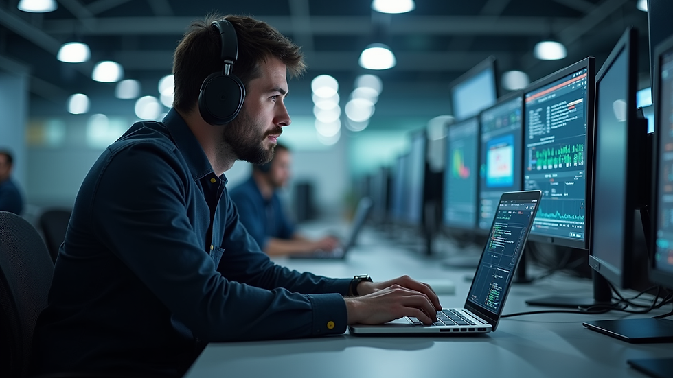 Eye-level view of a technician working on a laptop remotely