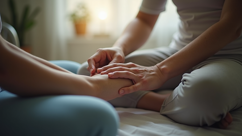 Close-up view of a calm therapy session with a client and hypnotherapist