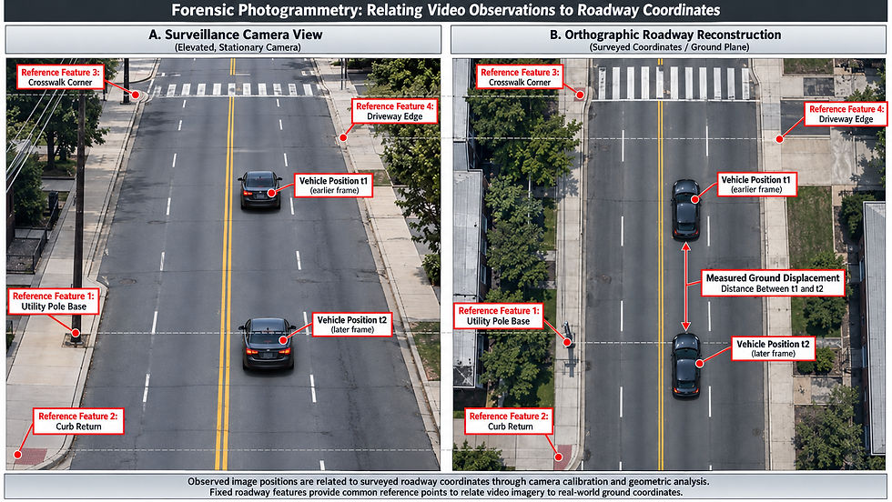Forensic photogrammetry comparison of surveillance camera imagery and surveyed roadway positions used for vehicle speed reconstruction.