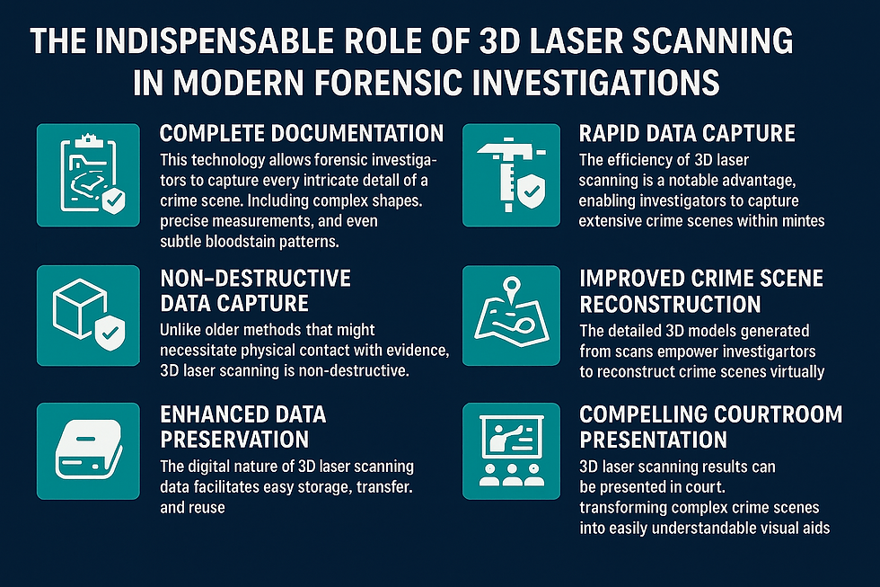 Text highlights 3D laser scanning in forensics: complete documentation, rapid data capture, non-destructive, enhanced preservation, and courtroom use.
