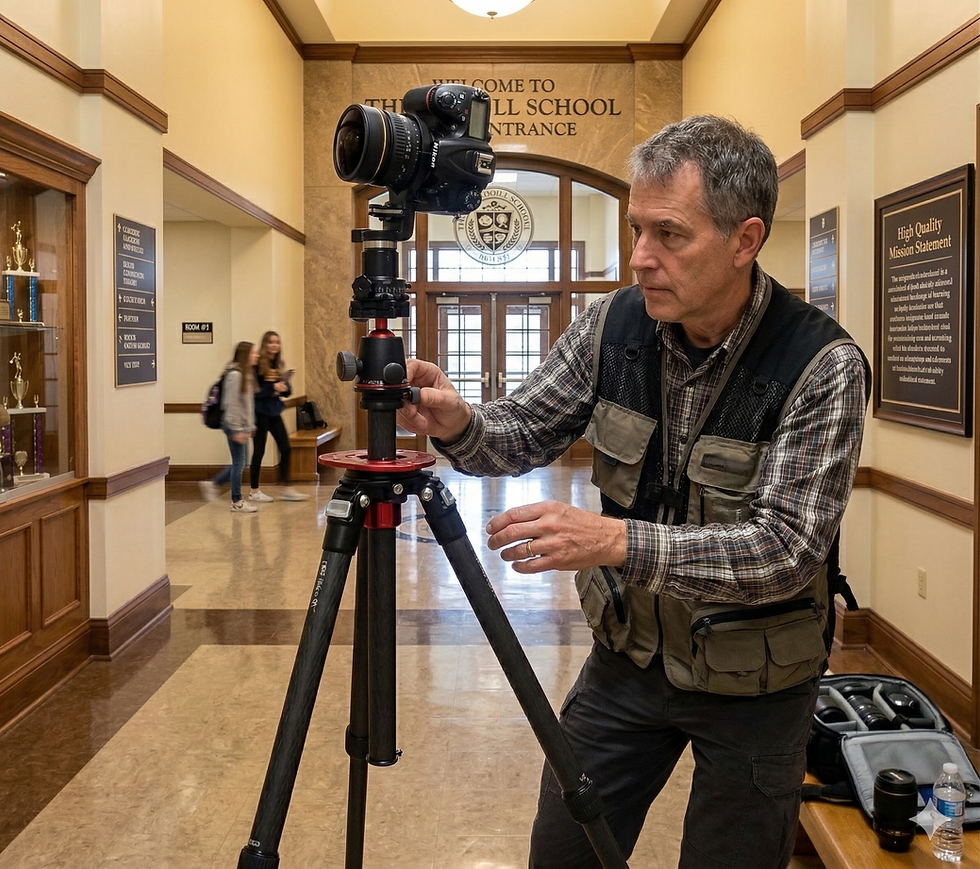 A tactical 360-degree camera mounted on a tripod in a school hallway, capturing a high-resolution digital twin of the environment.