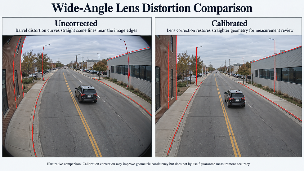Comparison of barrel lens distortion and corrected roadway geometry in forensic surveillance video analysis.