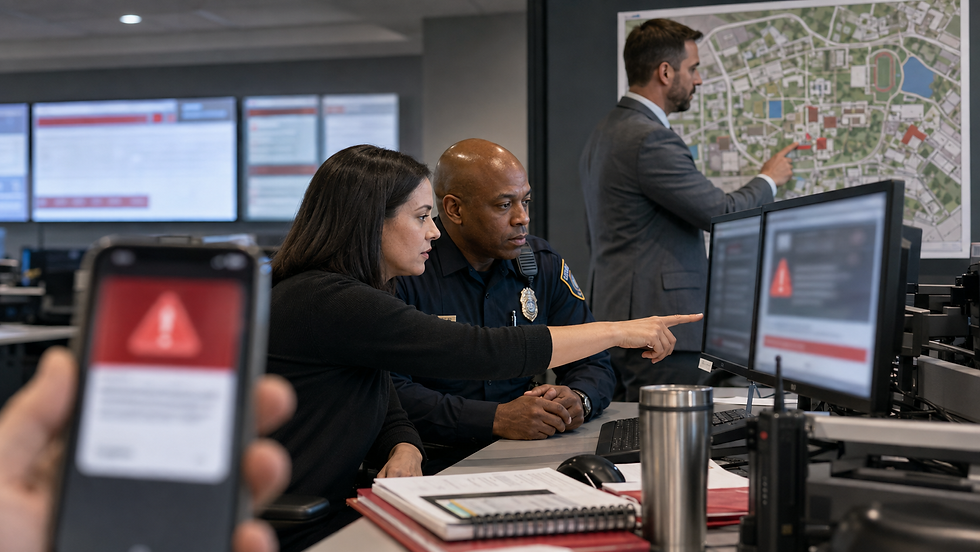 Campus safety professionals reviewing an emergency alert while protecting private information.