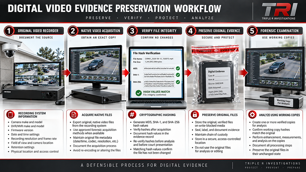 Digital video evidence preservation workflow showing native video collection, integrity verification, and forensic analysis.