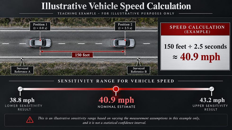 Vehicle speed calculation illustration showing a 40.9 mph average estimate and a hypothetical sensitivity range of 38.8 to 43.2 mph.