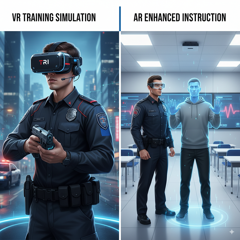Police officer in VR headset aims in a city; another officer uses AR glasses with a hologram in a classroom. Text: VR Training Simulation, AR Enhanced Instruction.