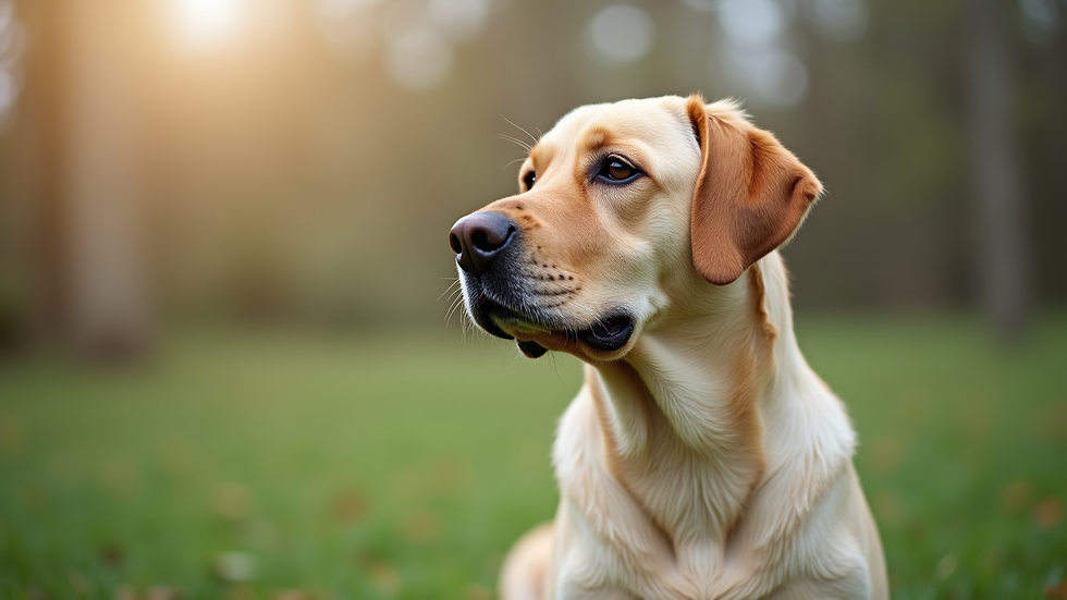 Close-up view of a calm Labrador Retriever sitting on grass