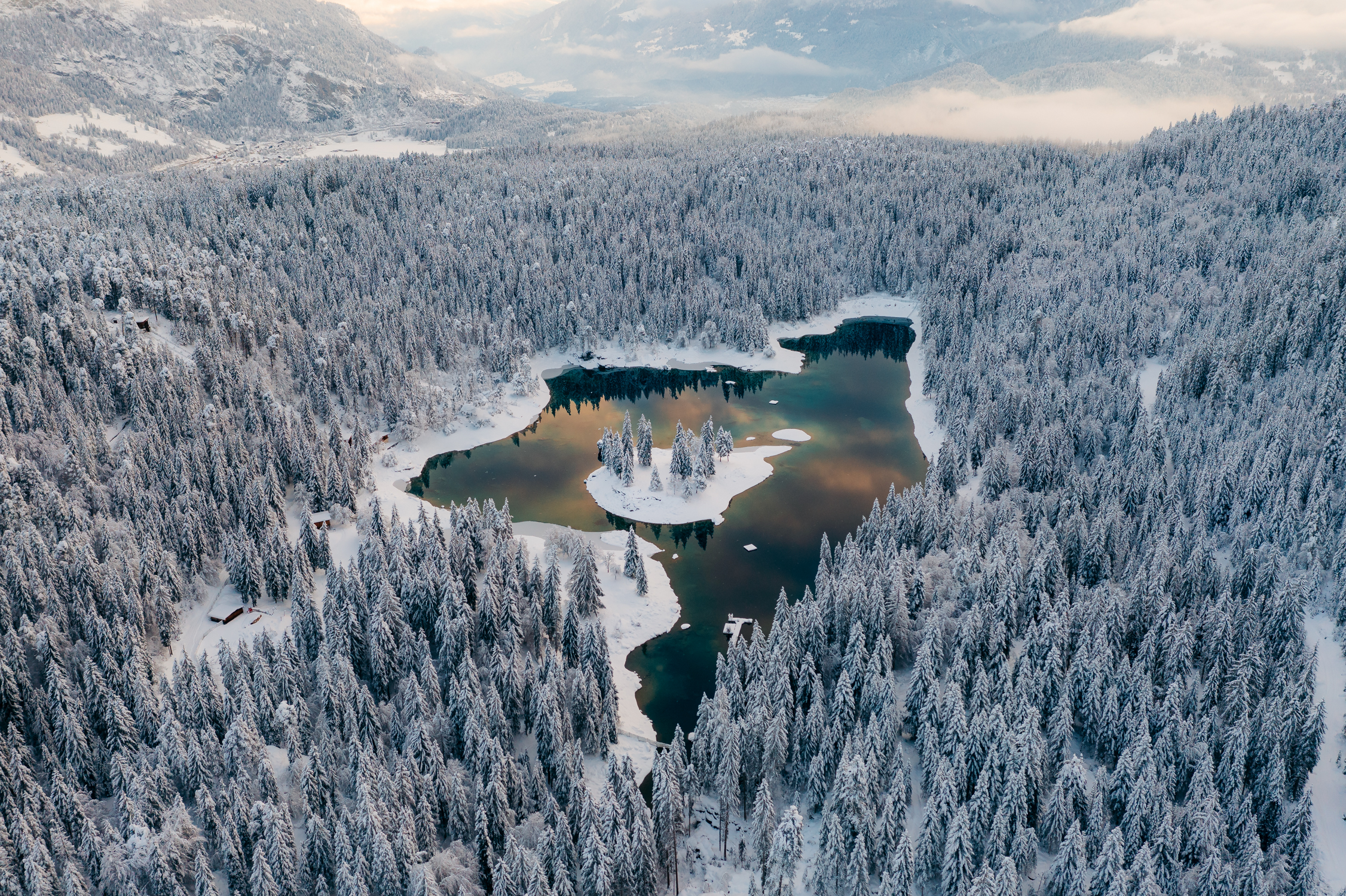 Kleine Insel zwischen Wasser, Schnee und Wald aus der Luft