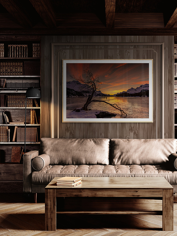 Fine-art work in a living room with a bookshelf