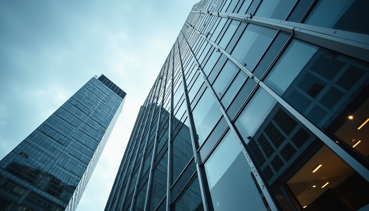 Eye-level view of a modern commercial office building with reflective glass windows in London