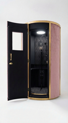 SleekSonics VB-1 professional vocal booth in English Rose fabric with gold hardware
