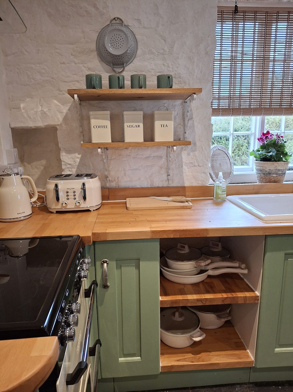 Fitted kitchen with green cabinets, wooden tops, Sherborne from wren