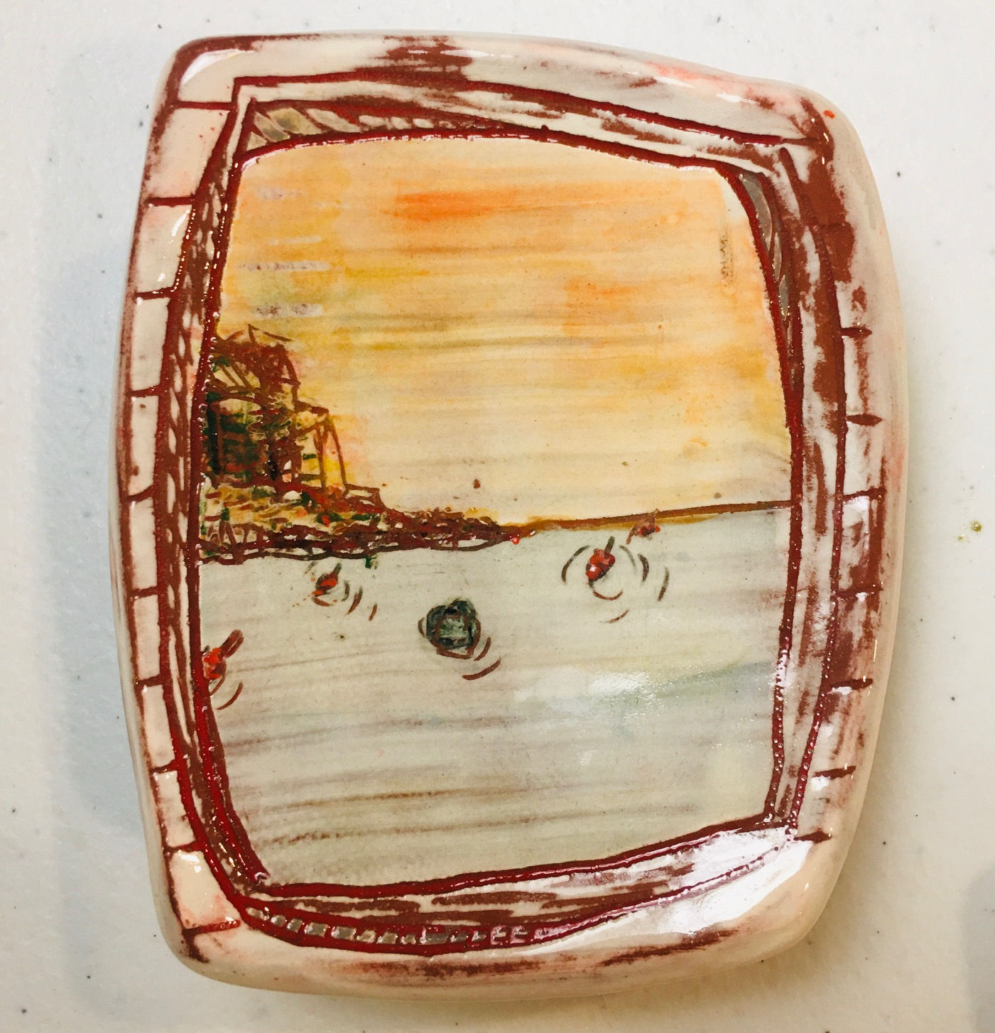 Maine Shore Line w lobster and Sea Glass Back Stoneware Ring Dish