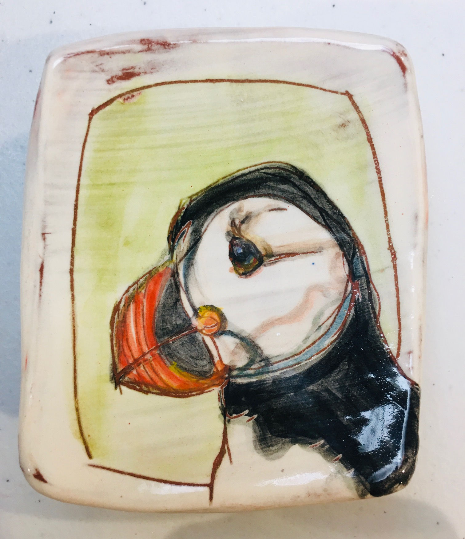 Puffin w/ Feet and Silvers on back Stoneware Ring Dish
