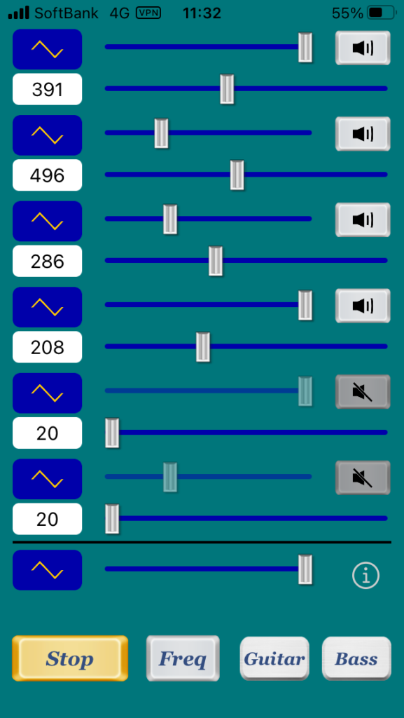 Fig.2.0. base-√3's tone generation from C ≒ 261.3Hz. generated by 信号発生器 (signal generator) for iPhone.