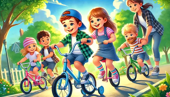 DALL¡E 2024-11-15 10.29.54 - A joyful scene of four children learning to ride bicycles for