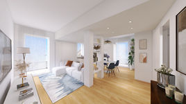 Gli interni arredati virtualmente con render di un soggiorno-cucina completamente trasformato