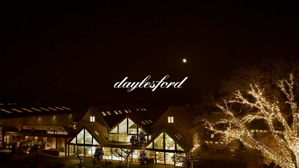 Night view of Daylesford video with lit trees and a glass-fronted building. Moon shines above. Daylesford text in script at centre for this video campaign.