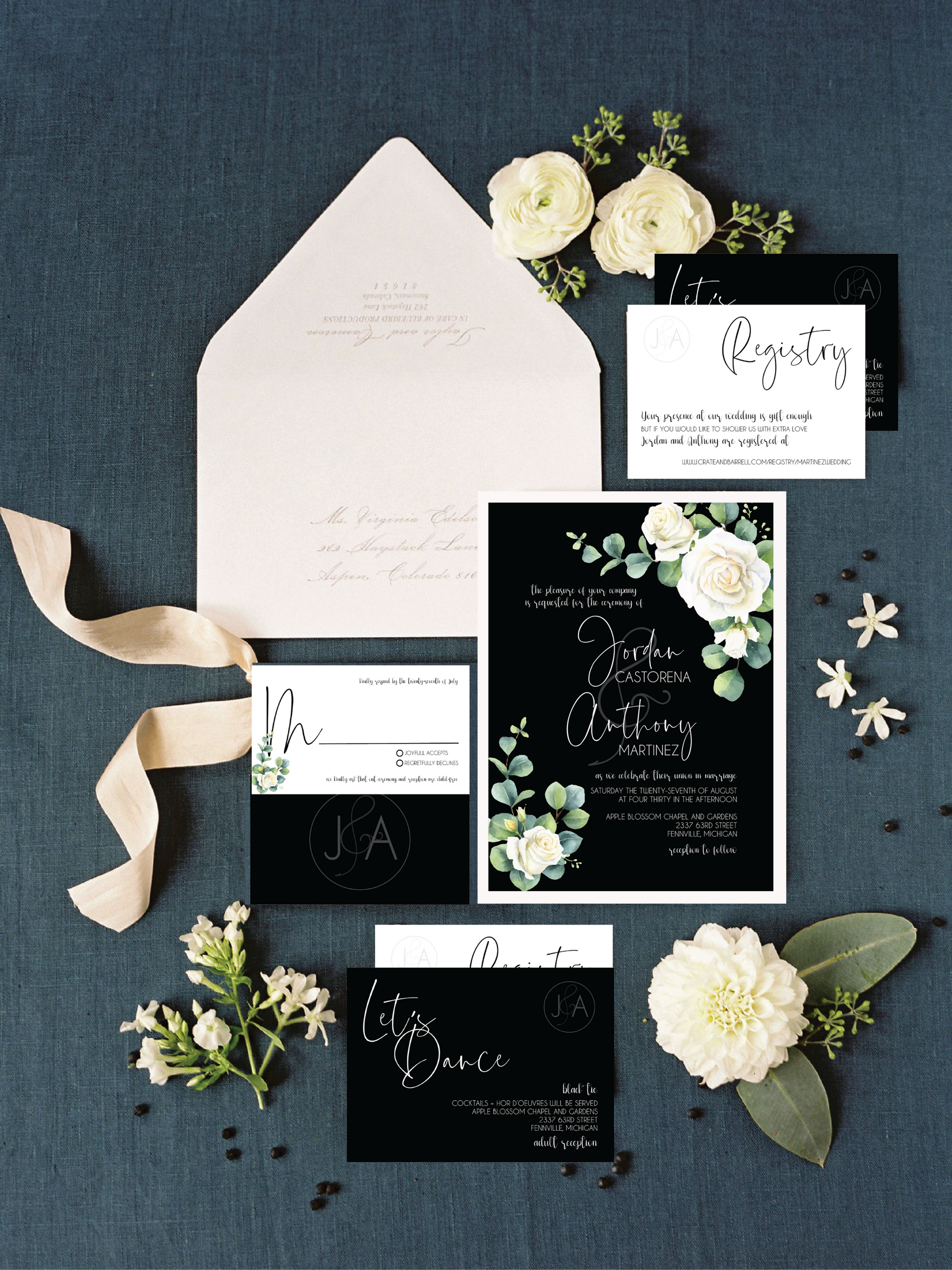 Elegant wedding stationery bundle designed by Jessica Larson Designs with romantic styling.