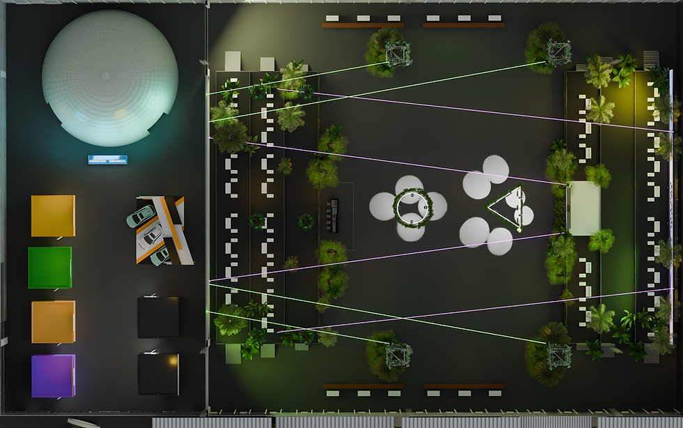 Overhead view of a park-like setting with greenery, a dome, colorful squares, cars, and projected light patterns. Benches and paths visible.