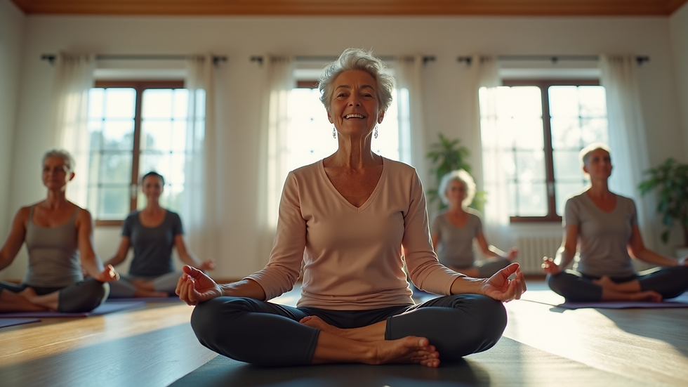 Eye-level view of a senior citizen participating in a community yoga class