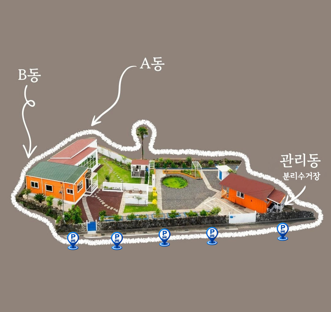 A동, B동, 관리동이 표시된 숙소 전경 안내도