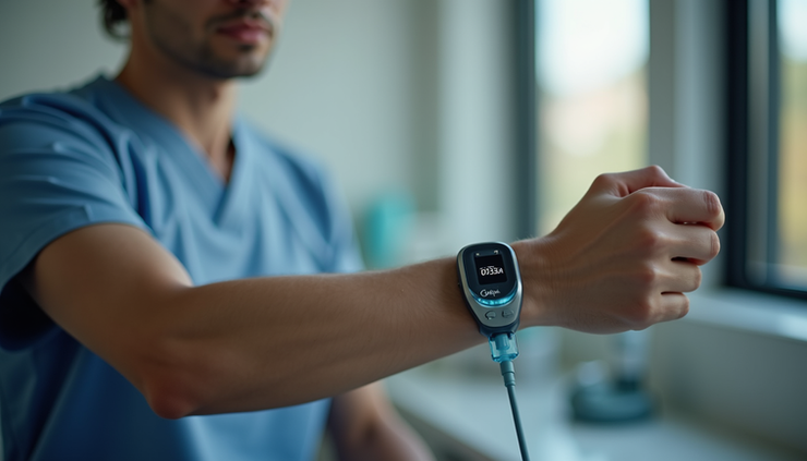 Eye-level view of a diabetes patient using an insulin pump on their arm