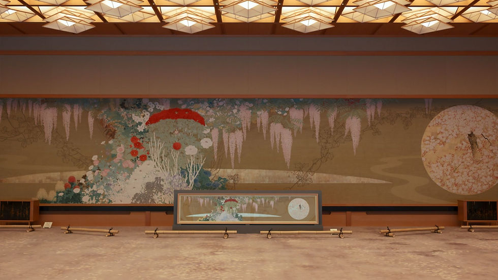 Interior view of a Japanese art gallery featuring a large, traditional wall mural with floral motifs.