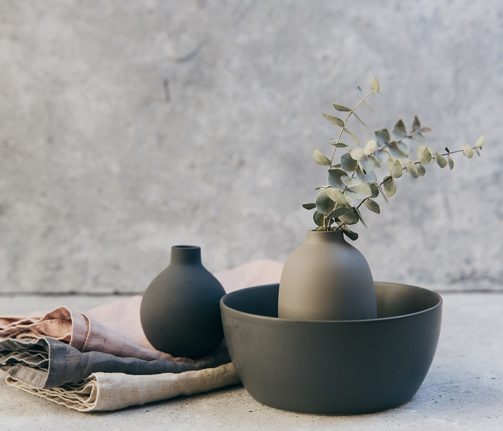 Clay pottery with table linens