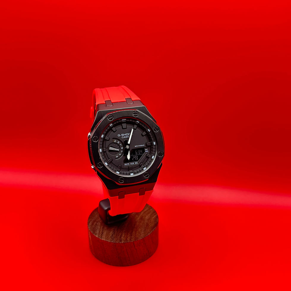 Thumbnail: Casio G-Shock Custom 2100 Octagon Metal Watch Black Steel Crimson Red Strap