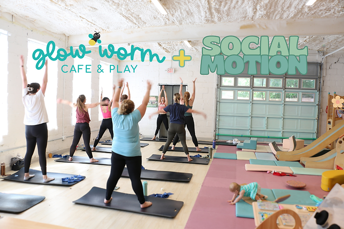 Instructor leading group of moms working out in the playroom at Glow Worm Play cafe in Louisville, KY