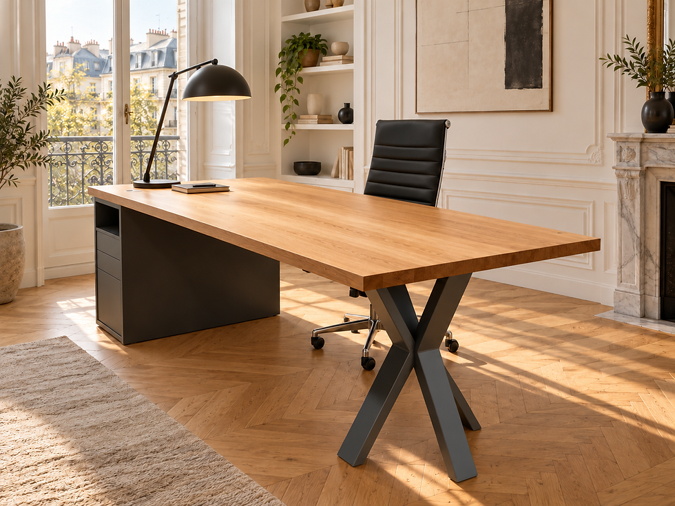 Bureau sur mesure en chêne massif réalisé par Hervé Ébéniste à Paris, avec plateau naturel, pied croisé et caisson anthracite sans poignées, dans un intérieur parisien contemporain.
