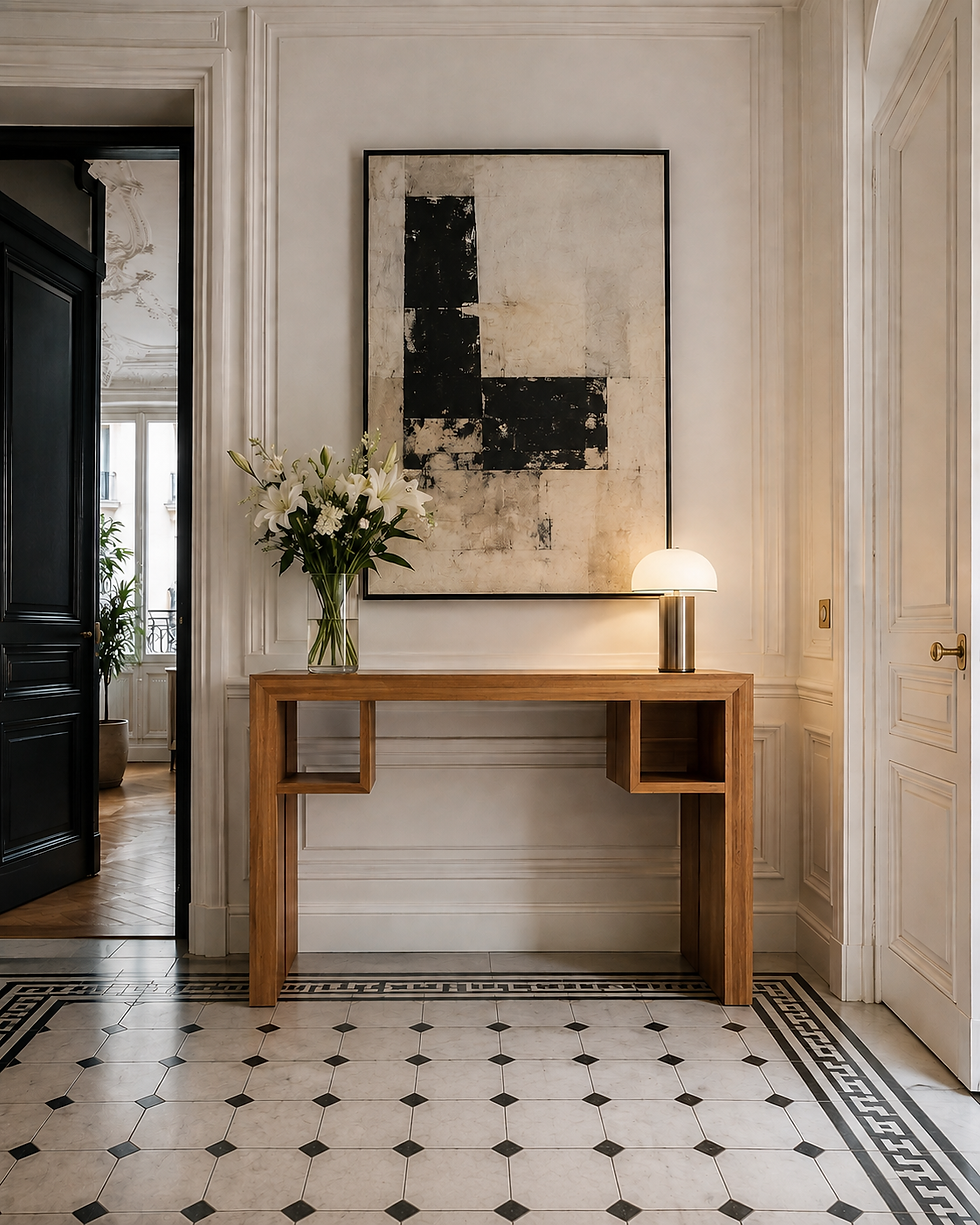 Console d’entrée sur mesure par Hervé Ébéniste, en bois, avec deux rangements ouverts sous le plateau.