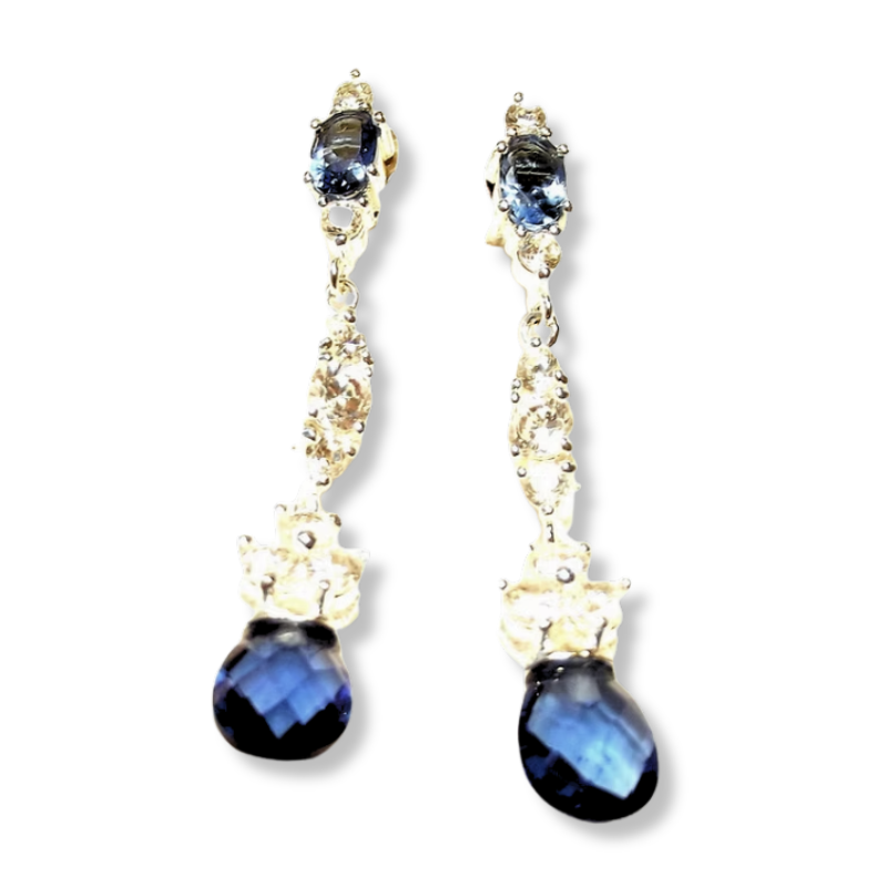 Sterling Silver Blue Glass and CZ Dangle Earrings