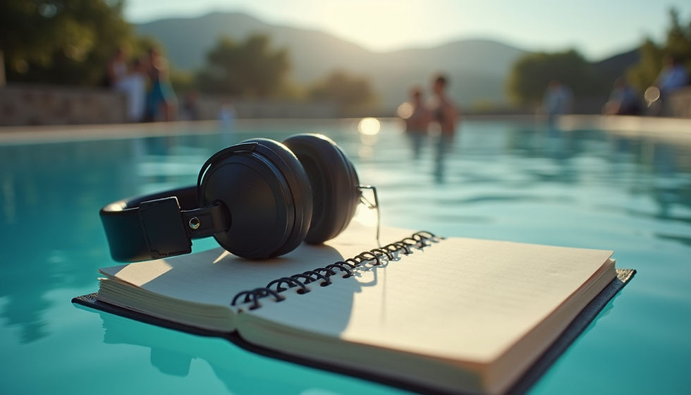 Vue en plongée d’un casque audio posé sur un carnet de notes