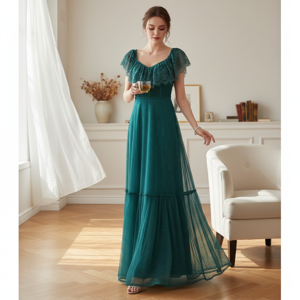 Grünes Abendkleid mit Spitze und Tüll lang elegant Sarela Modell