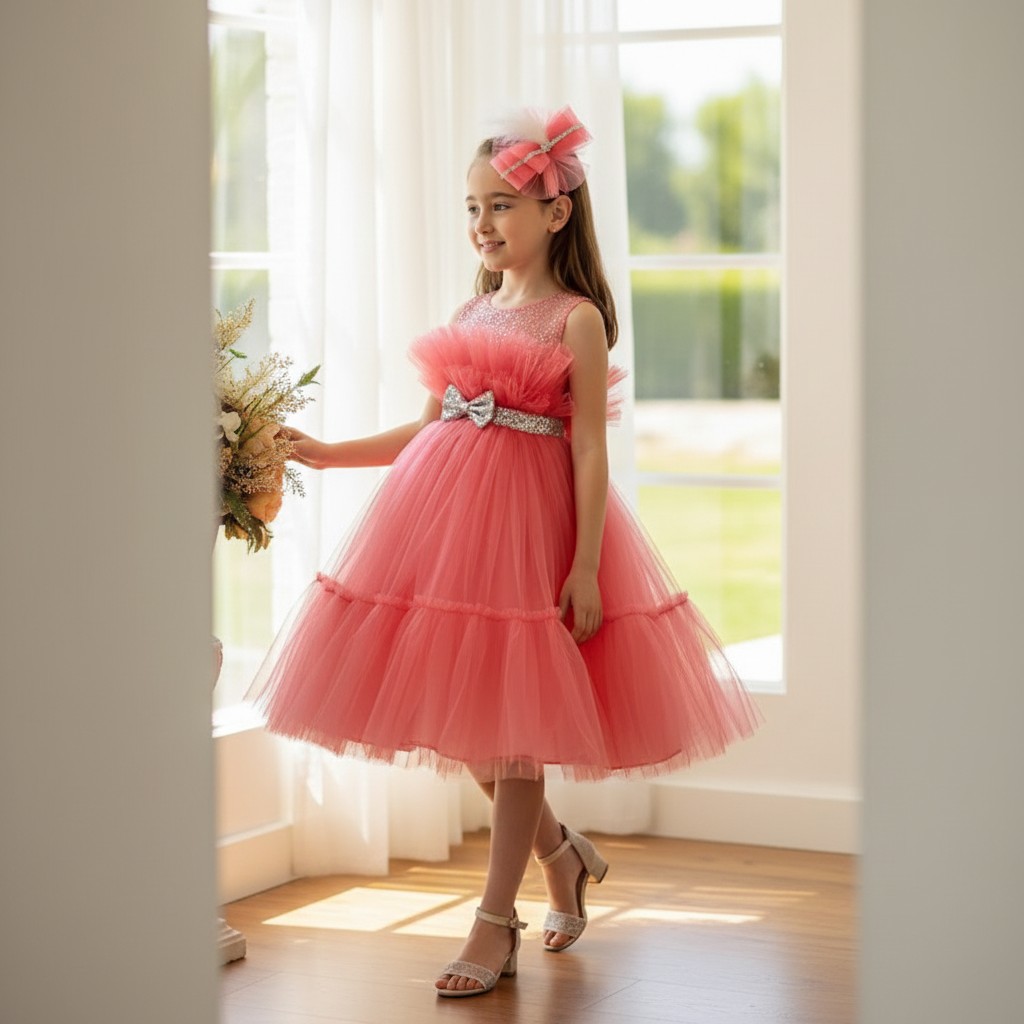 Elegantes Mädchen Festkleid Royal Star in Lachs mit mehrlagigem Tüllrock