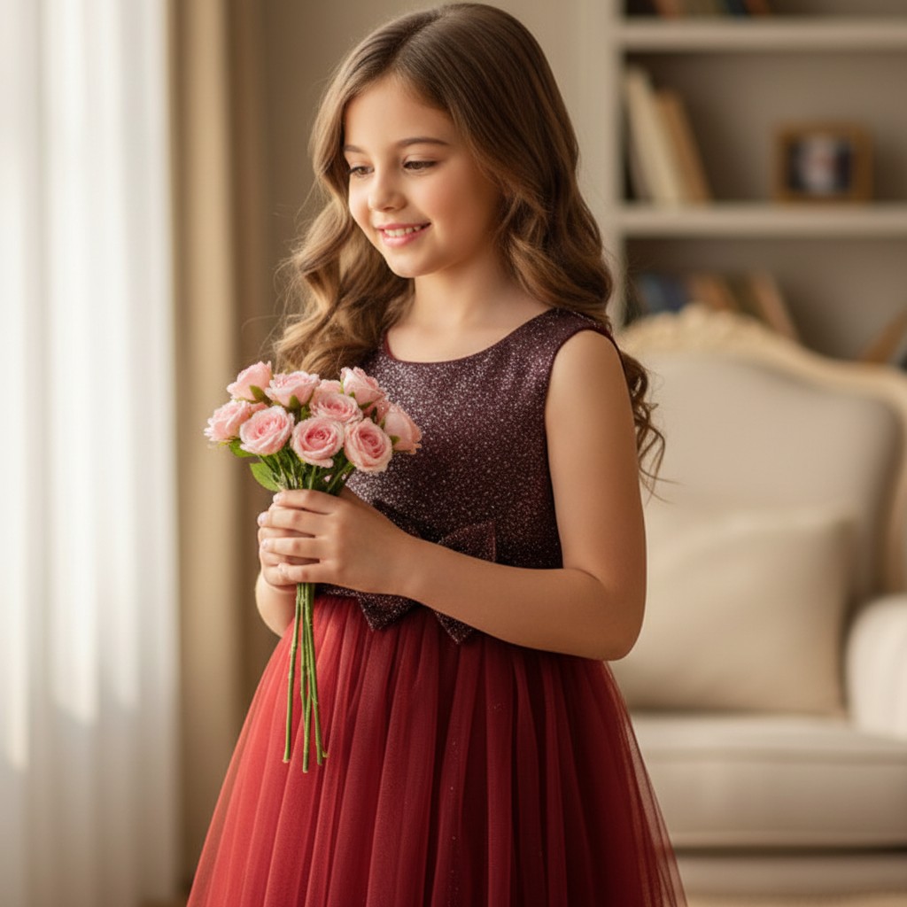 Bordeauxfarbenes Kinderkleid Magic Princess mit glitzerndem Oberteil und Tüllrock