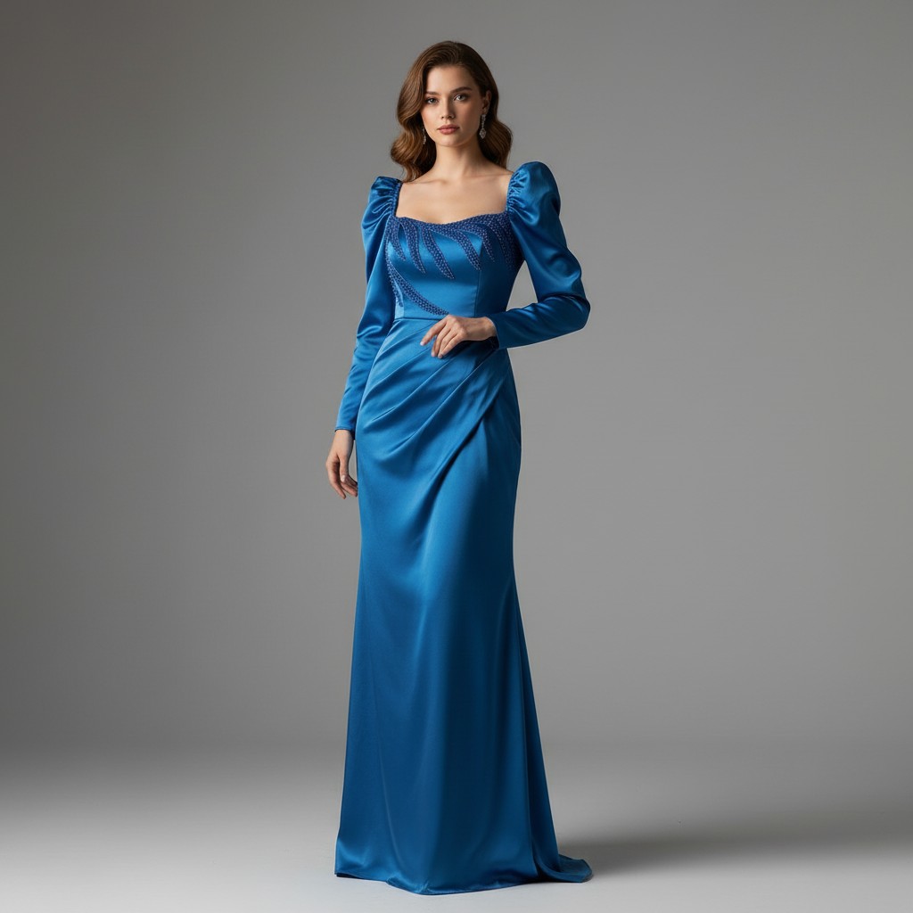 Blaues elegantes Abendkleid lang mit Ärmeln figurbetont Ivana Modell
