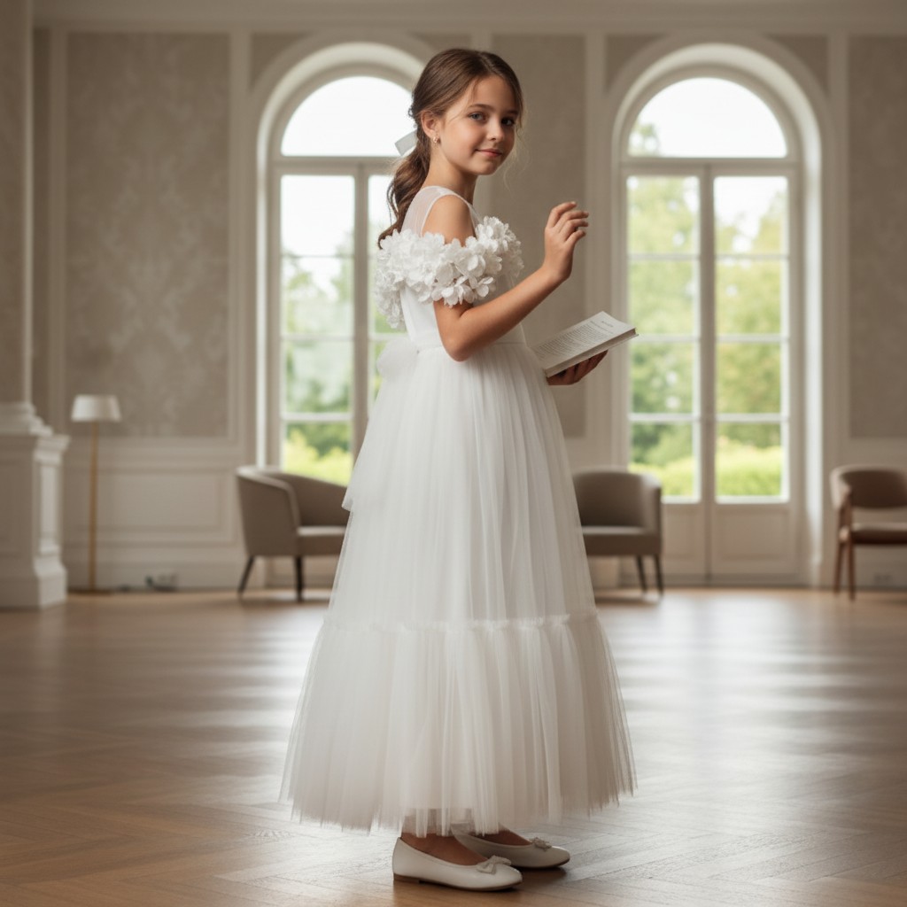 Elegantes Mädchen Festkleid Princess Magic in Weiß mit romantischen Blumen-Details