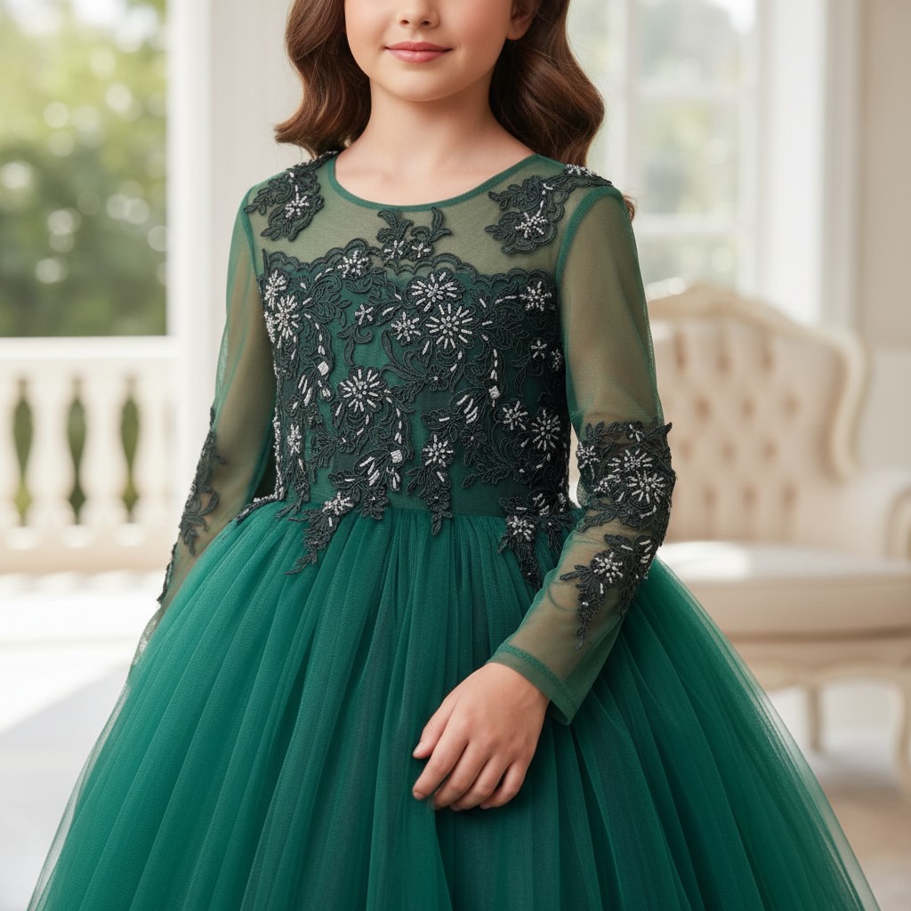 Elegantes Mädchen Festkleid Glanz Nayla in Dunkelgrün mit transparenten Ärmeln