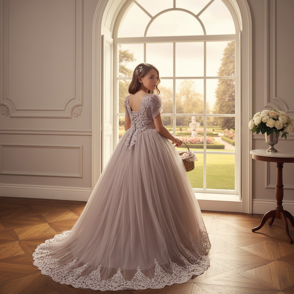 Fliederfarbenes Kinderkleid Royal Elegance mit Spitzenoberteil und langem Tüllrock
