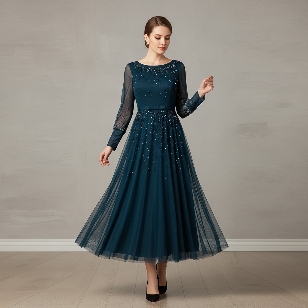 Blaues Abendkleid mit Tüll, Glitzer und Ärmeln elegant Nadia Modell