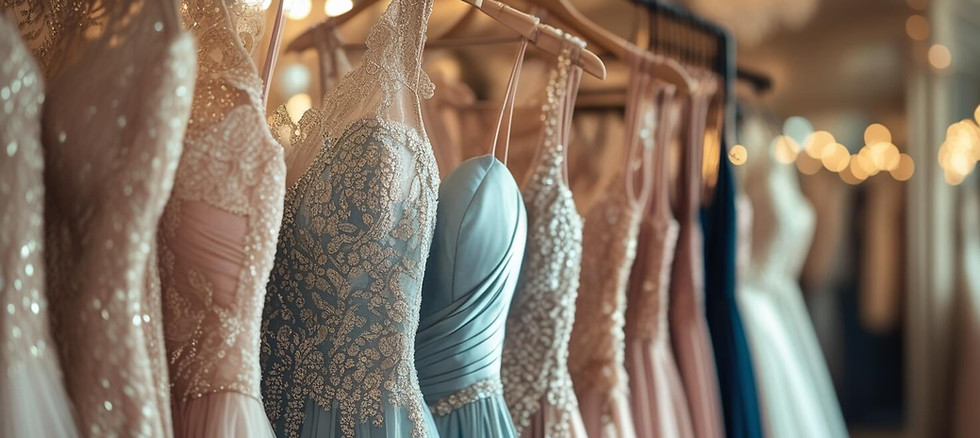 Abendkleider hänge auf den Bügeln im Boutique