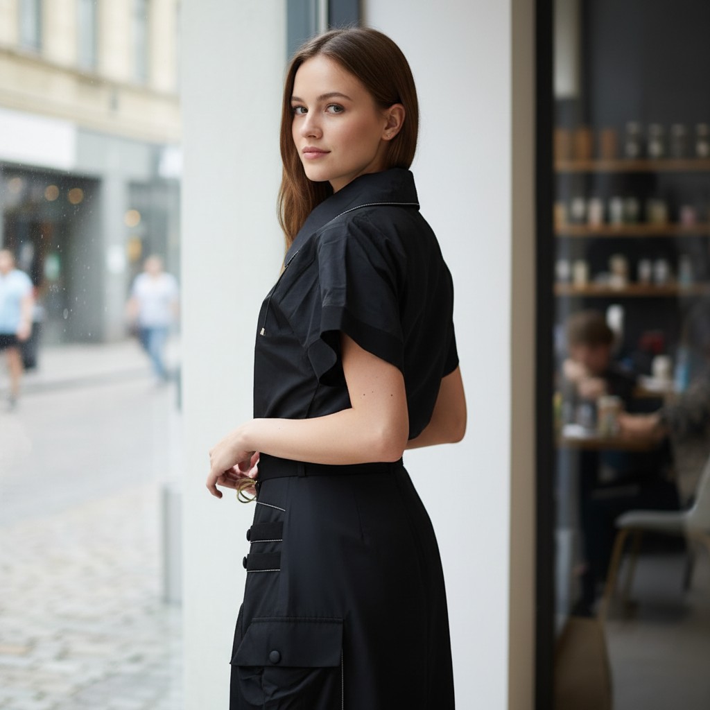 Modernes Casual-Set aus Rock und Jacke aus leichtem Windbreaker-Material – perfekt für stilvolle Alltagslooks mit Komfort.