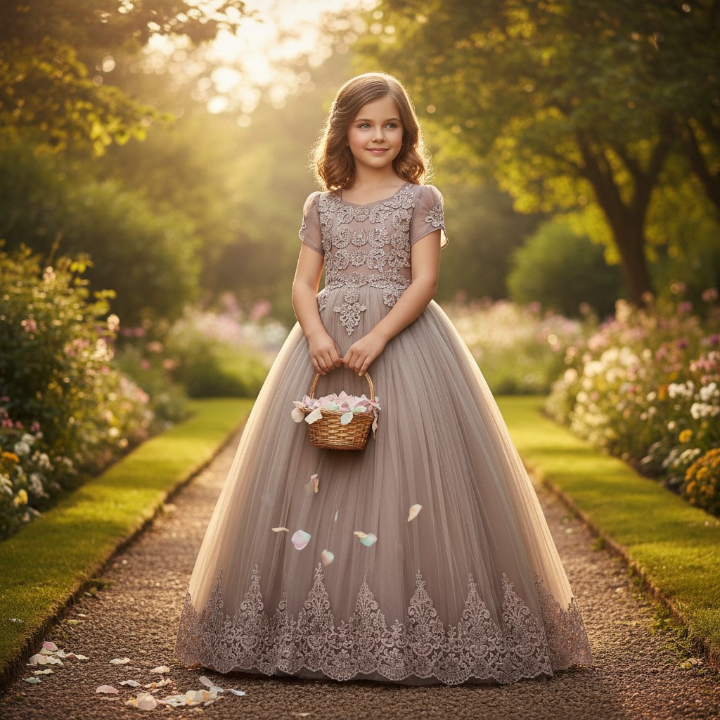 Fliederfarbenes Kinderkleid Royal Elegance mit Spitzenoberteil und langem Tüllrock