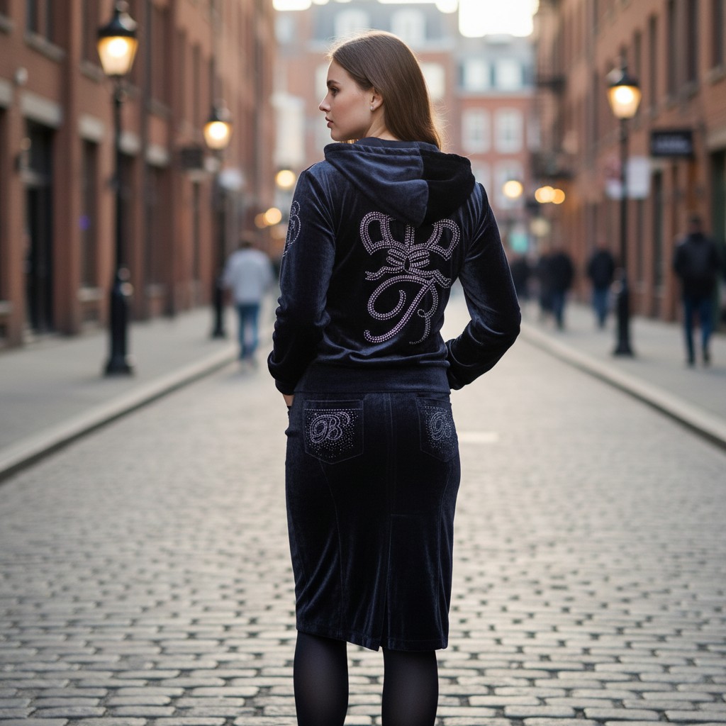 Zweiteiliges Velours-Set mit Hoodie und Rock – sportlich, feminin und perfekt für stylische Alltagslooks.